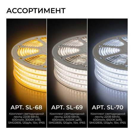 Комплект светодиодной влагозащищенной ленты OGM 6W/m 120LED/m 2835SMD теплый белый 15M SL-68