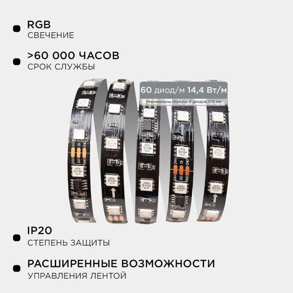 Комплект адресной светодиодной ленты Apeyron 14,4W/m 60LED/m 5050SMD RGB 2M 10-92