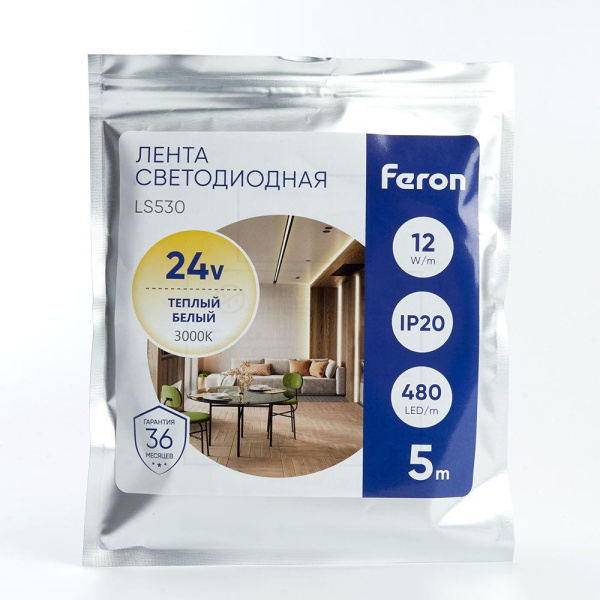 Светодиодная лента Feron 12W/m 480LED/m 2110SMD теплый белый 5M LS530 48270